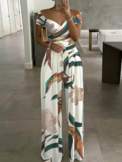 High Waisted Loose Contrast Color Pleated Printed Split-Joint Twist Off-The-Shoulder Jumpsuits