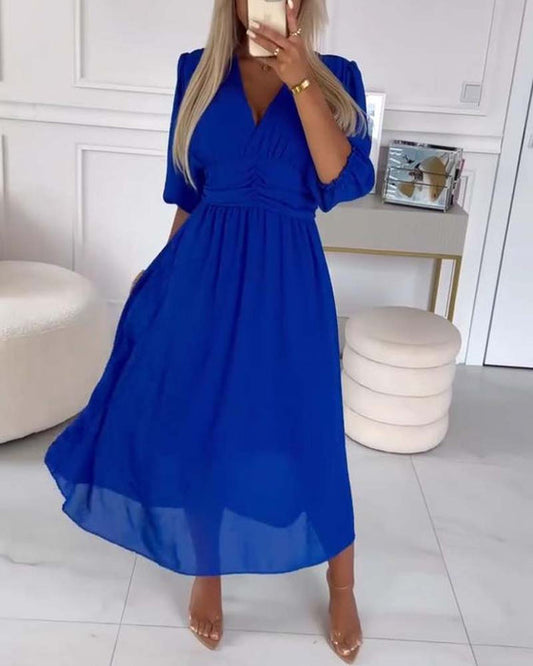 V-Neck Solid Color Waist Dress Blue S