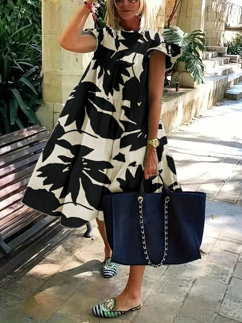 Lockere Rüschenärmel, Blumendruck, plissiertes Midikleid mit Rundhalsausschnitt 