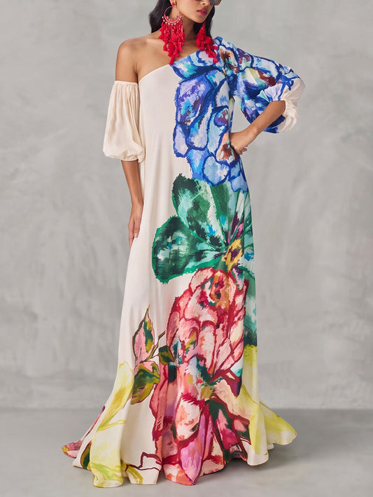 Loose Puff Sleeves Asymmetric Contrast Color Elasticity Flower Print Split-Joint One-Shoulder Maxi Dresses
