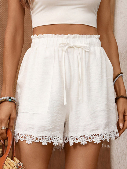 High Waisted Drawstring Hollow Pockets Solid Color Split-Joint Shorts Bottoms