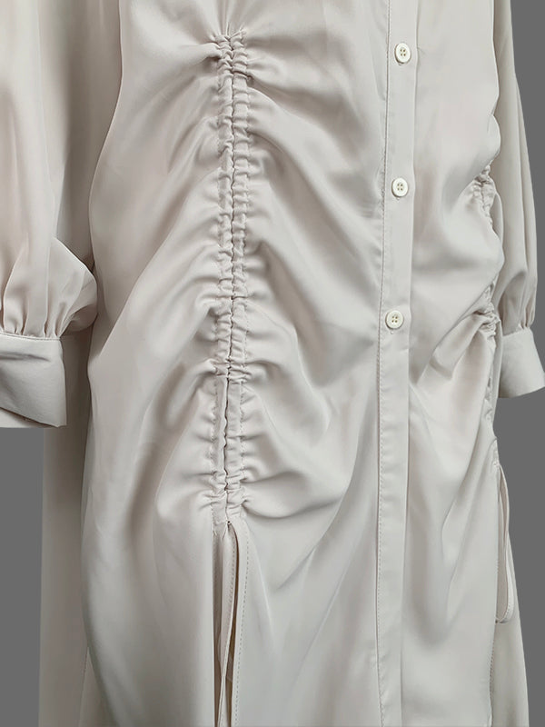 High-Low Long Sleeves Buttoned Drawstring Pleated Pockets Solid Color Lapel Midi Dresses