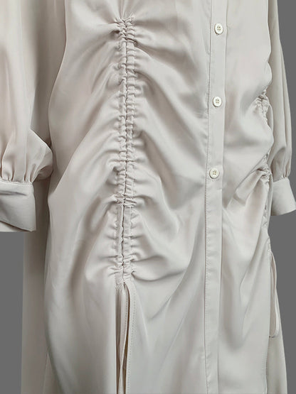 High-Low Long Sleeves Buttoned Drawstring Pleated Pockets Solid Color Lapel Midi Dresses