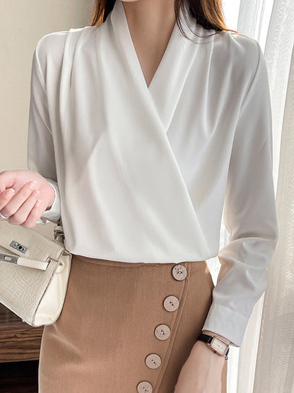 Long Sleeves Loose Buttoned Solid Color V-Neck Blouses&Shirts Tops