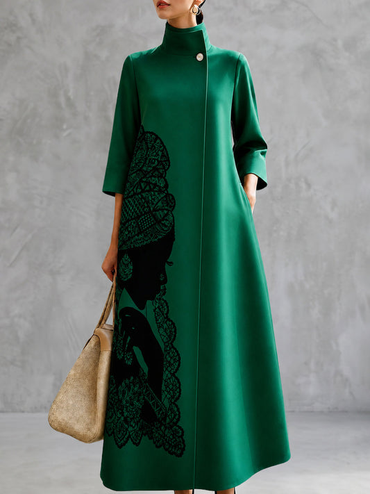 Printed Pockets Buttoned Three-quarter Sleeves Loose High-neck Outerwear