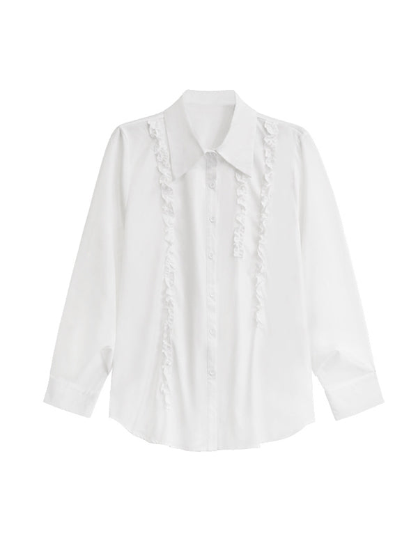 Hipster Long Sleeves Buttoned Falbala Ruffled Solid Color Split-Joint Lapel Blouses&Shirts Tops