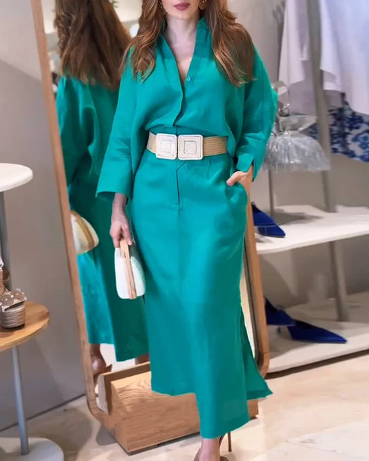 Lapel loose solid color dress