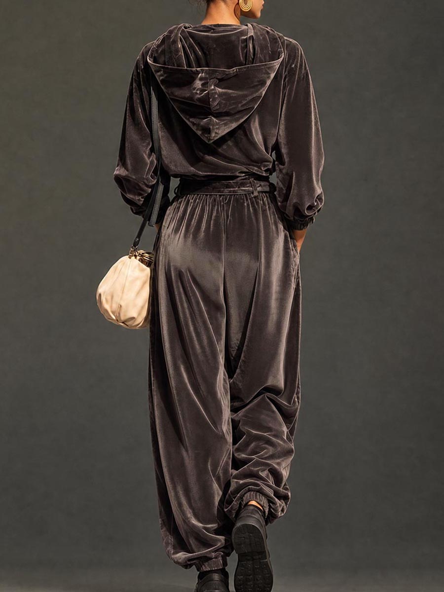 Solid Color Velvet Hooded Long Sleeves Hoodies&sweatshirt Tops + Tied Buttoned Pleated High Waisted Pants Trousers Two Pieces Set