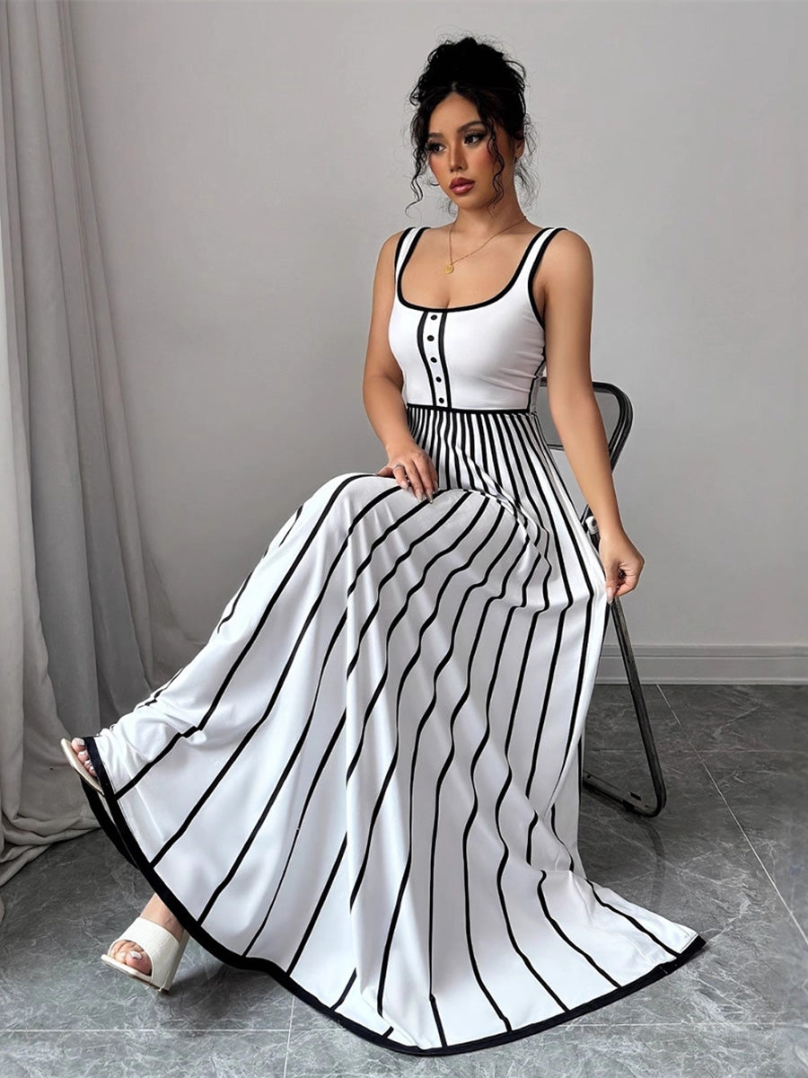 A-Line Sleeveless Contrast Color Pleated Split-Joint Striped Spaghetti-Neck Maxi Dresses