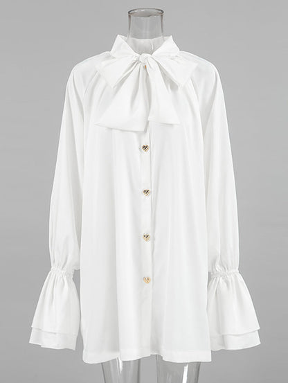 A-Line Flared Sleeves Buttoned Elasticity Pleated Solid Color Tied Zipper Stand Collar Mini Dresses