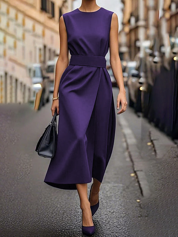 High Waisted Loose Pleated Solid Color Round-Neck Midi Dresses PURPLE