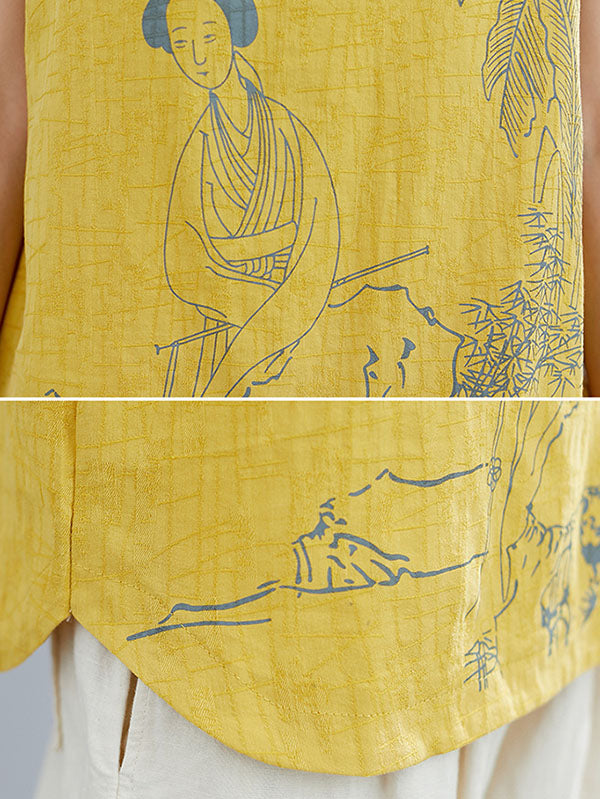 Gilet sans manches à col montant boutonné imprimé de style rétro chinois artistique 