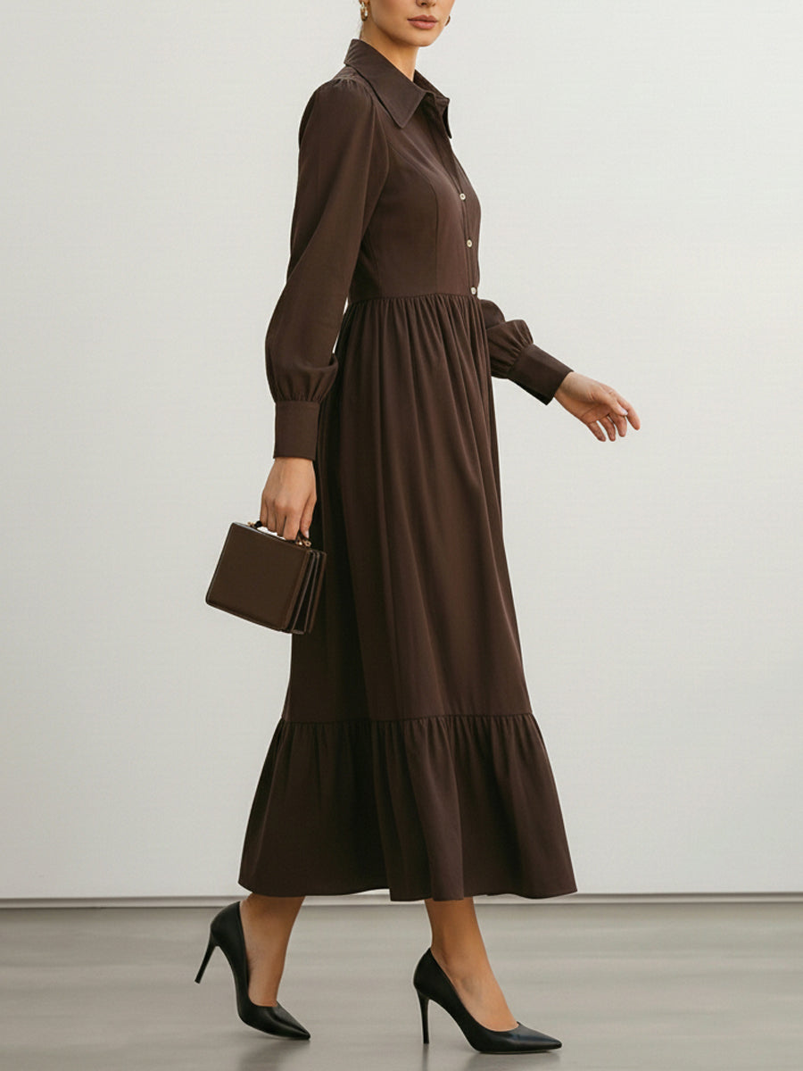 Long Sleeves Buttoned Pleated Solid Color Split-Joint Lapel Midi Dresses