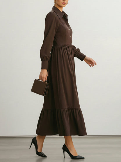 Long Sleeves Buttoned Pleated Solid Color Split-Joint Lapel Midi Dresses