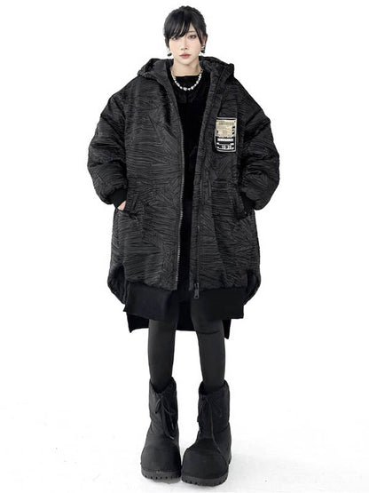High-Low Irregularity Abstract Printed Contrast Color Split-Joint Zipper Hooded Outerwear Overcoat