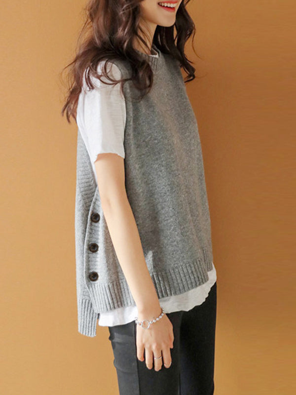 Simple Sleeveless Loose Buttoned Solid Color Round-Neck Sweater Vest Outerwear