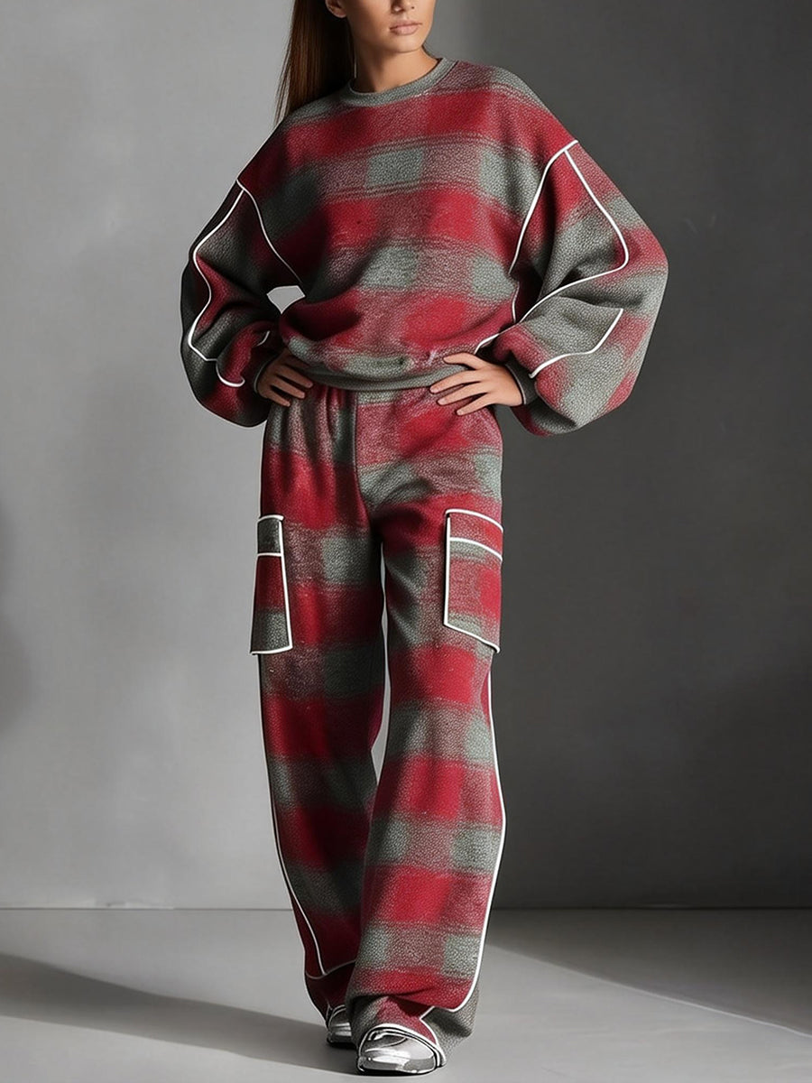 Long Sleeves Loose Contrast Color Line Split-Joint Striped Round-Neck Sweatershirt