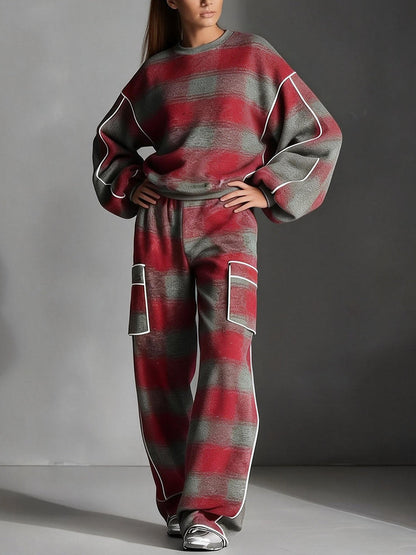 Long Sleeves Loose Contrast Color Line Split-Joint Striped Round-Neck Sweatershirt