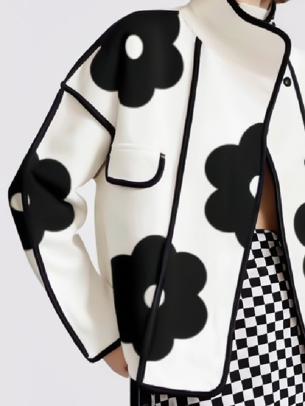 Lange Ärmel, lockere Kontrastfarbe, Blumendruck, geteilter Stehkragen, Jacken-Oberbekleidung 