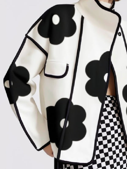 Lange Ärmel, lockere Kontrastfarbe, Blumendruck, geteilter Stehkragen, Jacken-Oberbekleidung 