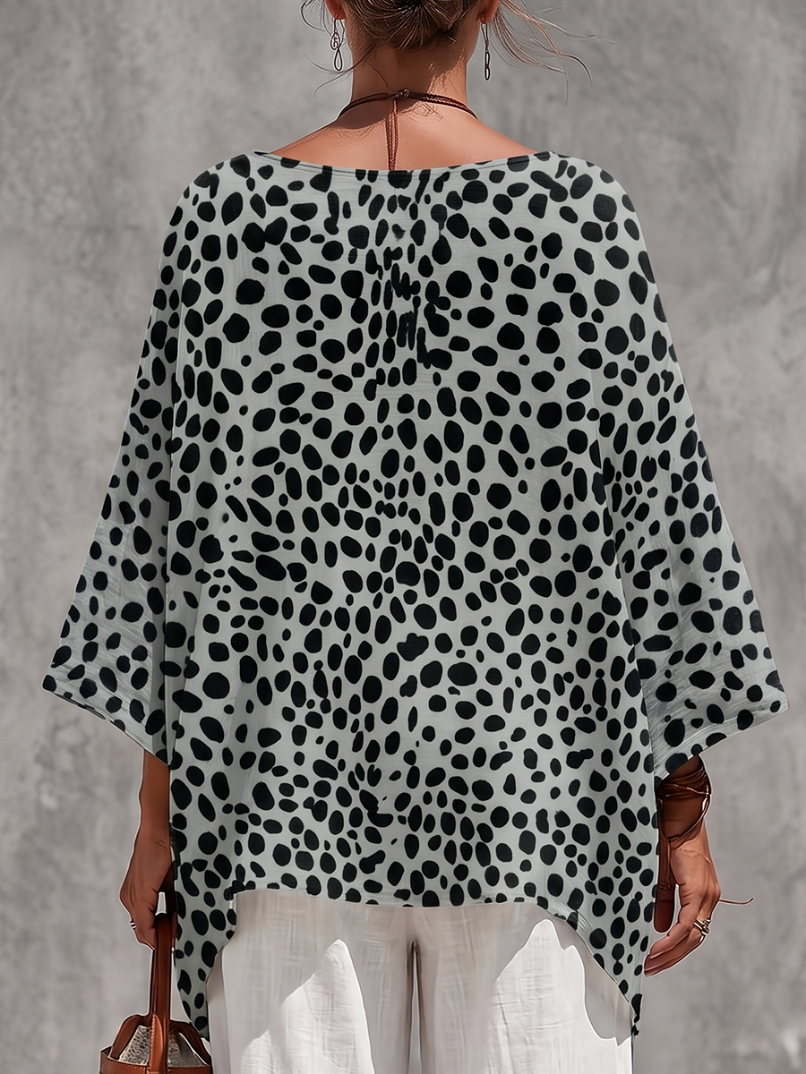 Polka-Dot Contrast Color Three-quarter Sleeves Loose Boat Neck Blouses&shirts Tops