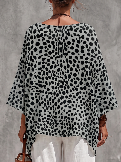 Polka-Dot Contrast Color Three-quarter Sleeves Loose Boat Neck Blouses&shirts Tops