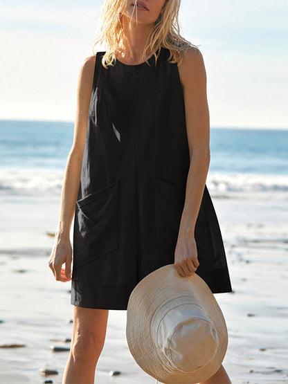 Loose Sleeveless Pockets Solid Color Round-Neck Rompers