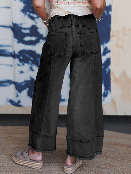 High Waisted Loose Drawstring Fringed Pockets Solid Color Jean Pants Bottoms