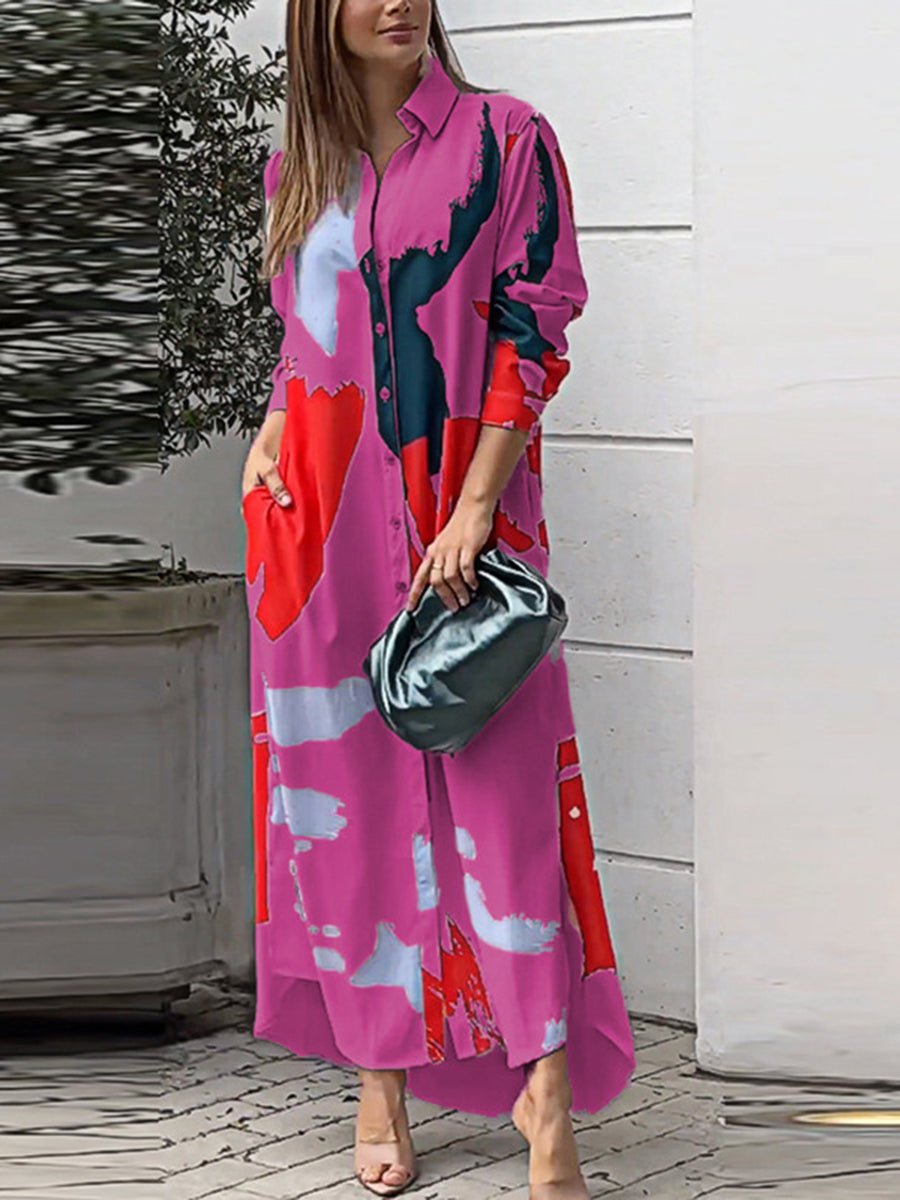 Printed Pockets Buttoned Loose Long Sleeves Lapel Shirt Dress Maxi Dresses