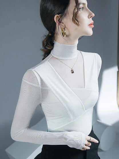 Long Sleeves Skinny Asymmetric Mesh See-Through Shiny Split-Joint Half Turtleneck Blouses&Shirts Tops