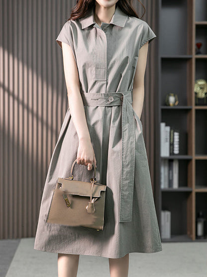 Plus Size Short Sleeves Bandage Solid Color Lapel Midi Dresses