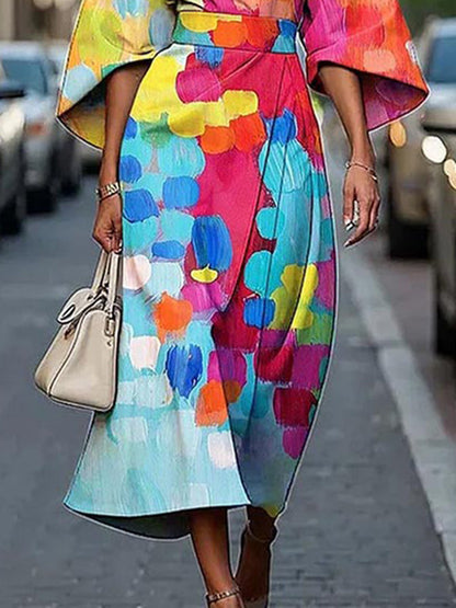 Loose Asymmetric Split-Joint Tied Waist Round-Neck Midi Dresses