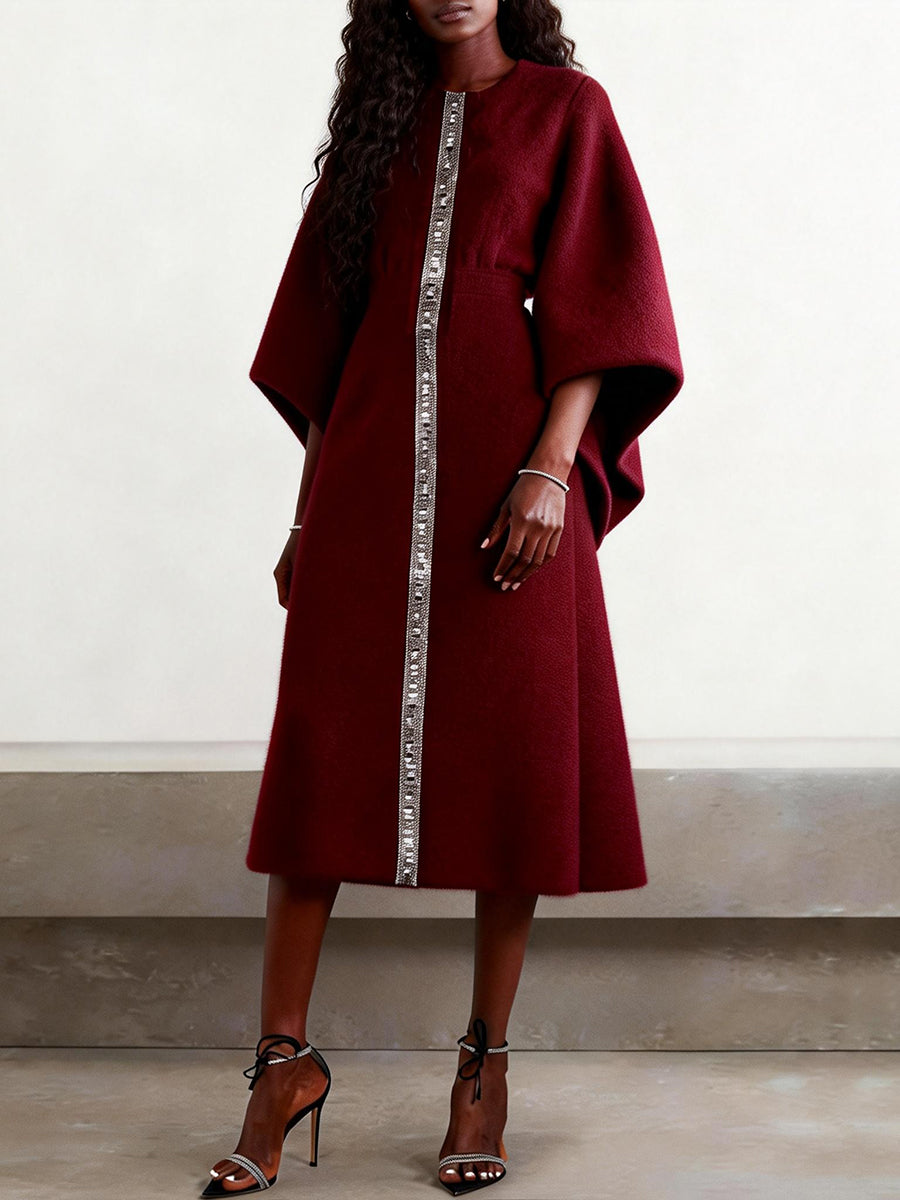 Batwing Sleeves Elasticated Waist Contrast Color Pleated Printed Split-Joint Round-Neck Midi Dresses