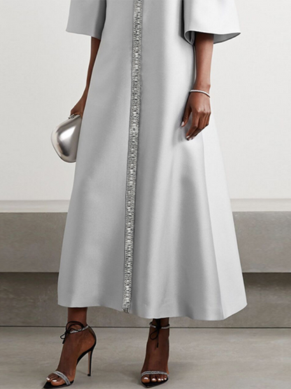 Flared Sleeves Half Sleeves Shiny Solid Color Round-Neck Midi Dresses