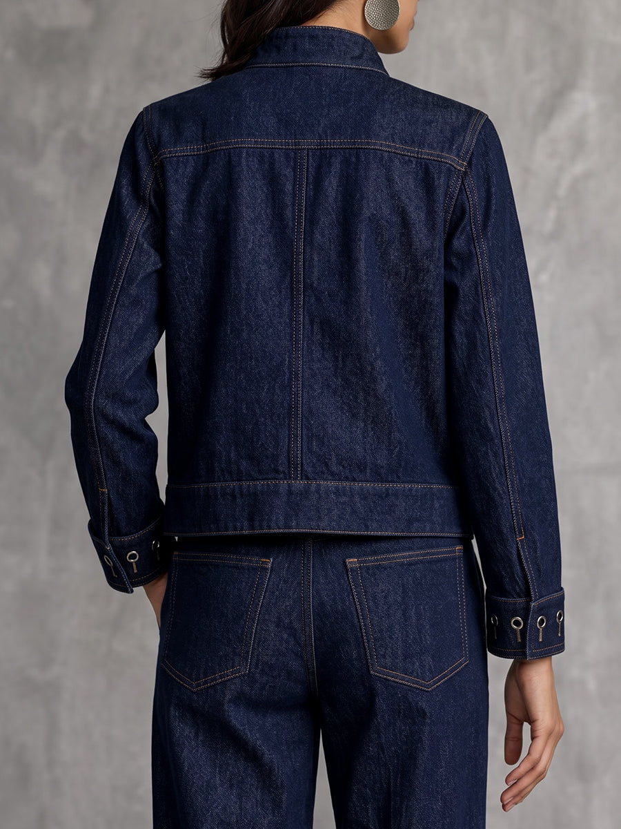 Solid Color Hollow Buttoned Long Sleeves Cropped Stand Collar Outerwear