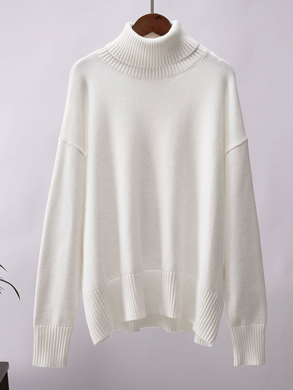 High-Low Long Sleeves Solid Color Split-Joint High Neck Sweater Tops