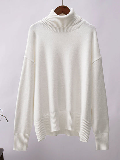 High-Low Long Sleeves Solid Color Split-Joint High Neck Sweater Tops