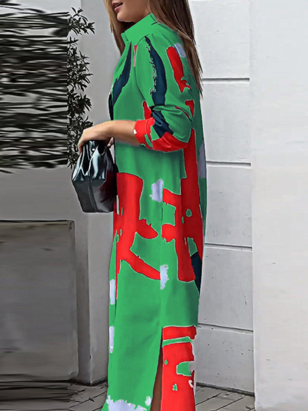 Lockeres, gewickeltes Hemdkleid mit Knöpfen, kontrastfarbenen Taschen, bedrucktem Schlitz an der Seite 