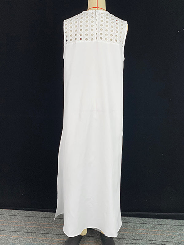 High-Low Loose Embroidered Solid Color Round-Neck Vest Top