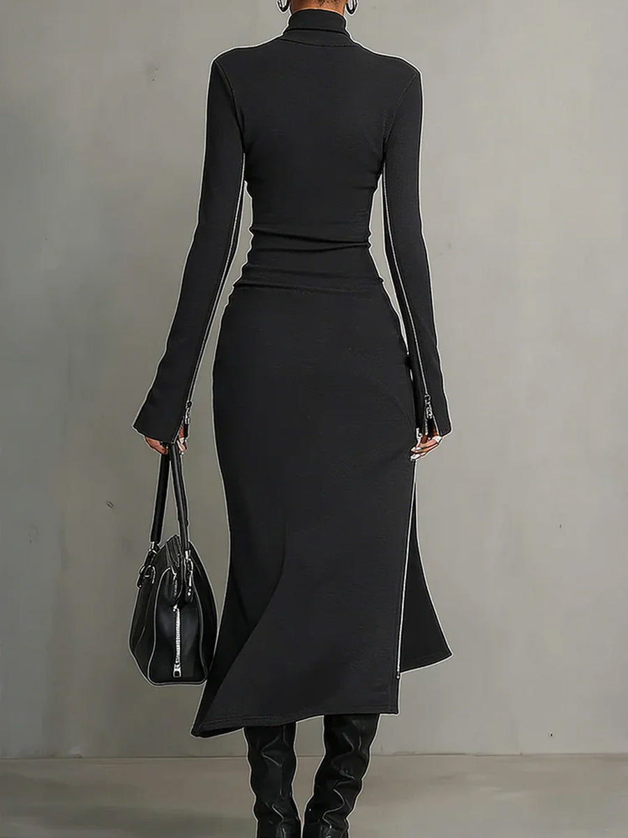 Bodycon Irregularity Asymmetric Pockets Solid Color Split-Joint Split-Side Zipper Half Turtleneck Midi Dresses