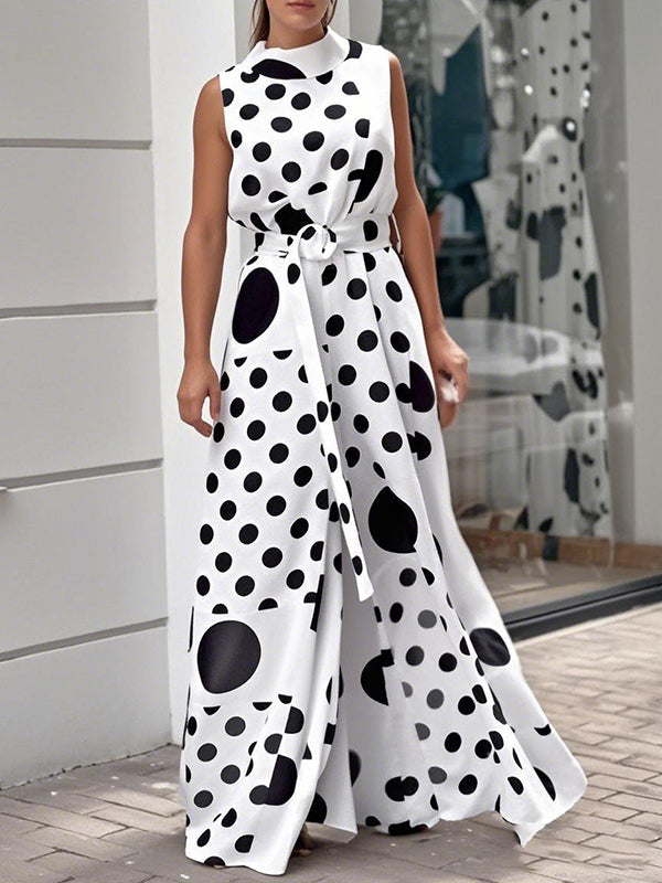 High Waisted Sleeveless Polka-Dot Mock Neck Jumpsuits