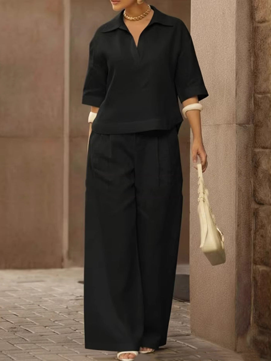 Solid Color Half Sleeves Lapel Blouses&Shirts Tops + High Waisted Pleated Trousers Pants Two Pieces Set