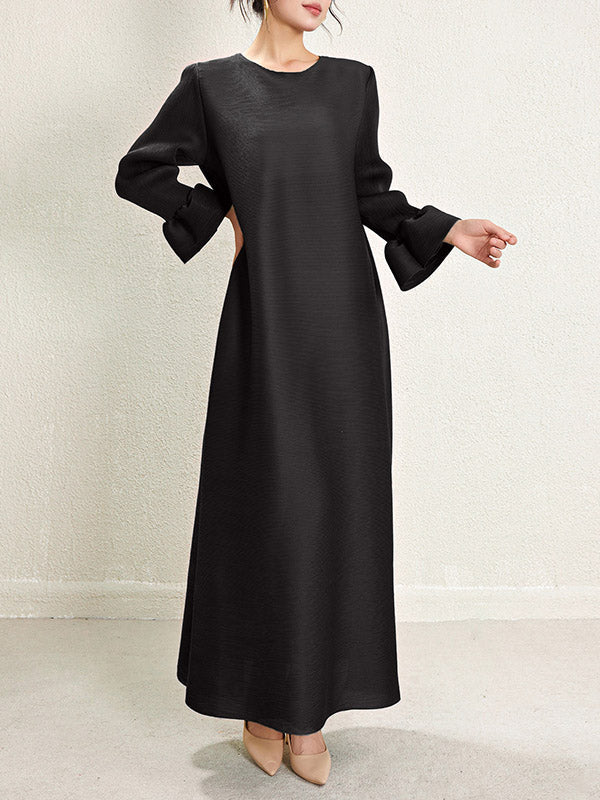 A-Line Loose Pleated Solid Color Round-Neck Maxi Dresses BLACK One_size
