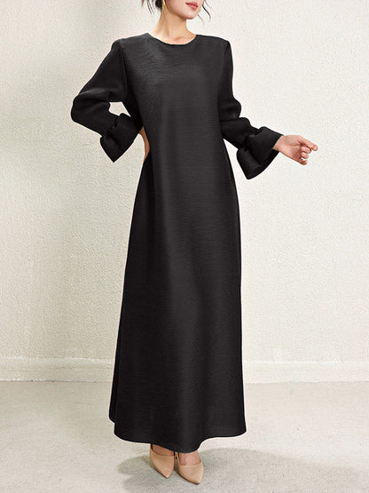 A-Line Loose Pleated Solid Color Round-Neck Maxi Dresses BLACK One_size