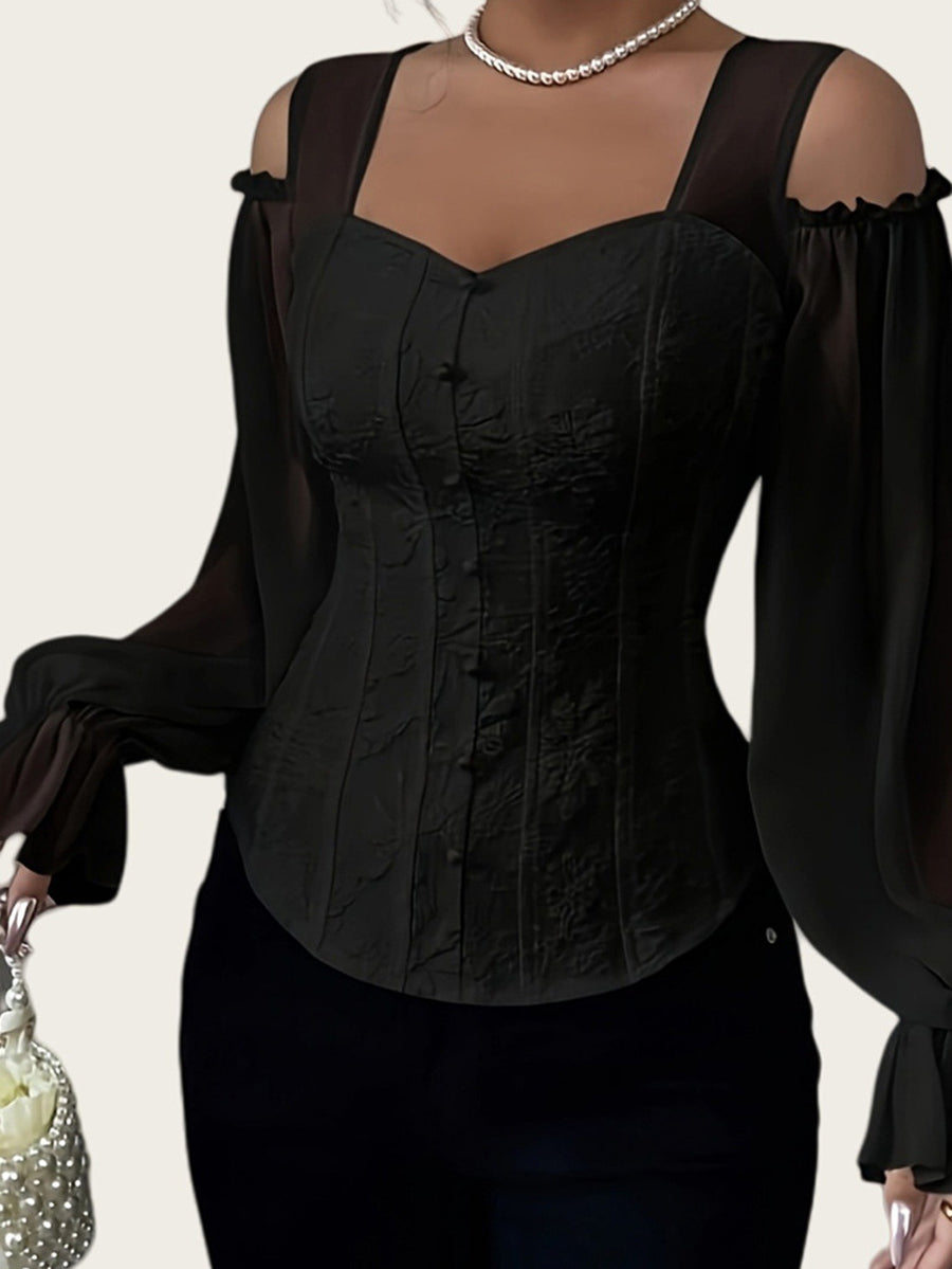 Flared Sleeves Long Sleeves Elasticity Hollow Jacquard Solid Color Split-Joint Cold Shoulder Blouses&Shirts Tops