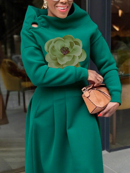 Long Sleeves Loose Flower Print Hollow Mock Neck Sweatshirt Tops