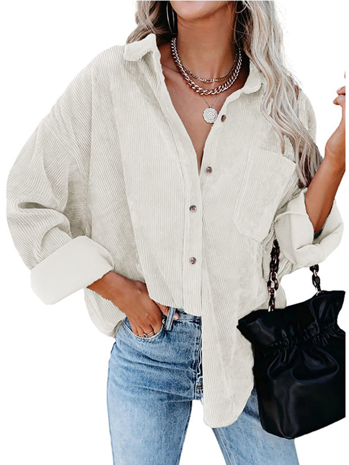 Split-Joint Solid Color Pockets Buttoned Long Sleeves Lapel Blouses&shirts Tops