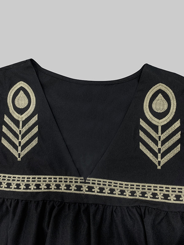 Flared Sleeves Loose Embroidered Split-Joint Deep V-Neck Mini Dresses