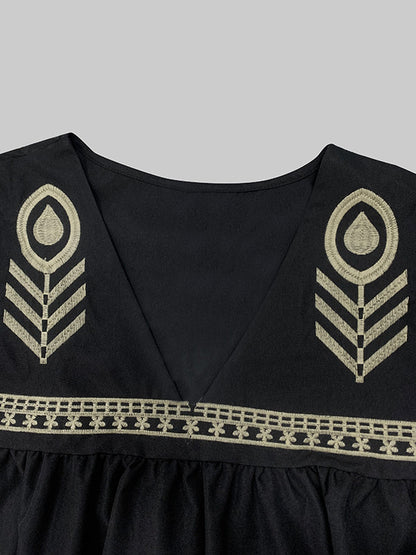Flared Sleeves Loose Embroidered Split-Joint Deep V-Neck Mini Dresses