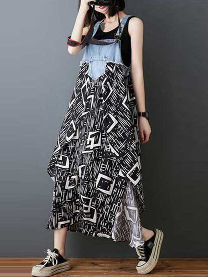 Lockeres Maxikleid in Übergröße mit Blumendruck und Taschen, geteiltem Spaghetti-Ausschnitt und Hosenträgerkleid 